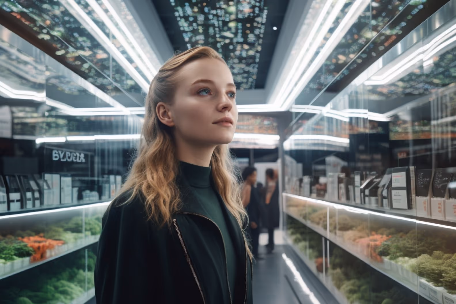 Girl stand in bright supermarket